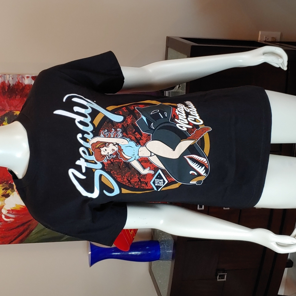 NWT Steady Clothing Rockabilly Pinup Riding Bomb Graphic Black T-Shirt Sz S 🇺🇸